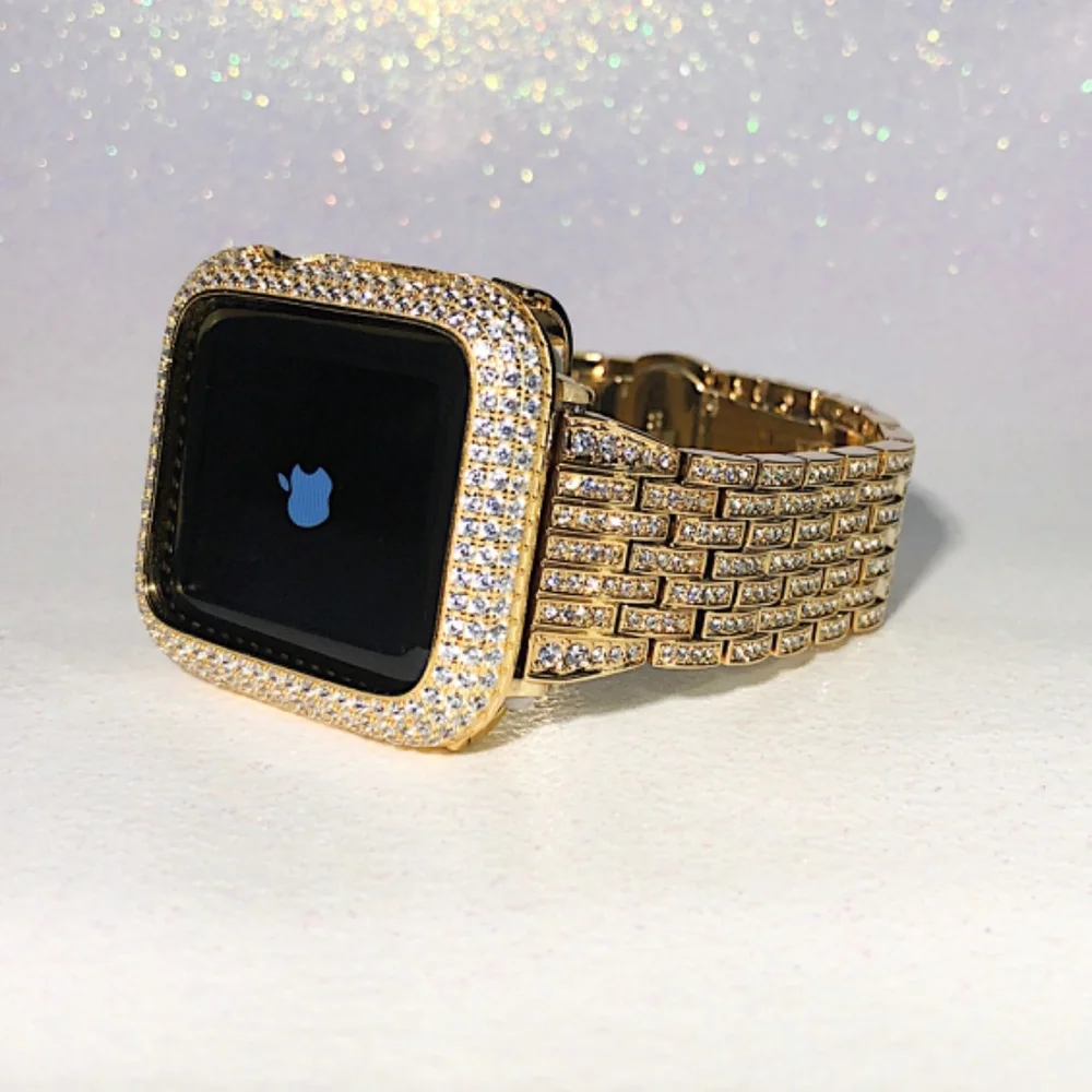 2 pc Apple Watch set yellow gold lab diamond case and crystal band classy bling